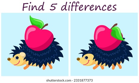 Logic puzzle game. Find 5 differences in the pictures with a cute hedgehog carrying a red apple on his back. Vector illustration for children's development.