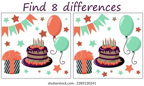 Logic puzzle game. Find 8 differences in the birthday party themed pictures on a white background. Vector illustration for children's development.