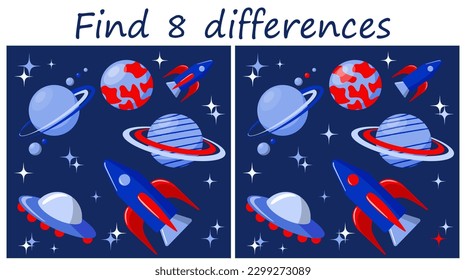 Logic puzzle game. Find 8 differences in space themed pictures with starry sky, rockets, ufo, planets. Vector illustration for children's development.