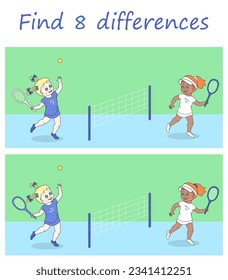 Juego de rompecabezas lógico. Encuentra 8 diferencias en las fotos deportivas con dos niñas jugando al tenis. Ilustración vectorial para el desarrollo de los niños.