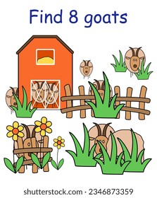 Logic puzzle game. Find 8 goats in the picture with farm. Cartoon vector illustration for children's development. Activity book.