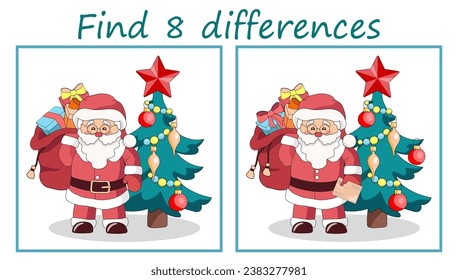 Logic puzzle game. Find 8 differences with Santa Claus and Christmas tree. Vector illustration for children's development.