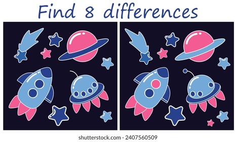 Logic puzzle game. Find 8 differences in space themed pictures on a dark blue background. Vector illustration for activity book.