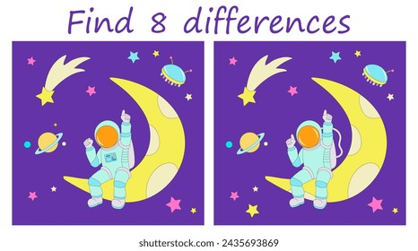 Logic puzzle game. Find 8 differences in the space landscape with funny astronaut sitting on the moon. Vector illustration for children's development.