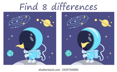 Logic puzzle game. Find 8 differences. Cute astronaut planting a flag on the Moon. Vector illustration for children's development.