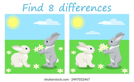 Logic puzzle game. Find 8 differences. Spring landscape with two cute bunnies. Vector illustration for children's development.