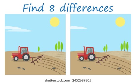 Juego de rompecabezas de lógica. Encuentra 8 diferencias. Paisaje rural con tractor arando los campos. Ilustración vectorial para el desarrollo infantil.