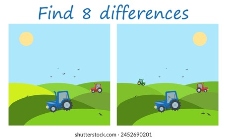 Logic puzzle game. Find 8 differences. Rural landscape with three tractors plowing the fields. Vector illustration for children's development.