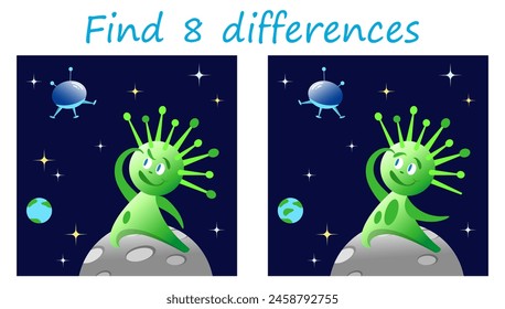 Logic puzzle game. Find 8 differences. Curious green alien on the Moon wondering looking up into space. Vector illustration for children's education.