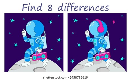 Logic puzzle game. Find 8 differences. Astronaut in a good mood walks on the Moon with a cassette player and headphones. Cartoon vector illustration.