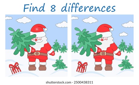 Logic puzzle game. Find 8 differences. Cute Santa Claus in snowy landscape holding fir tree in one hand. Christmas vector illustration for children's development.