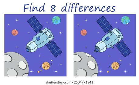 Logic puzzle game. Find 8 differences. Spacecraft traveling from the Earth to the Moon. Vector illustration for children's development.
