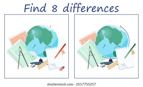 Logic puzzle game. Find 8 differences. School supplies globe, notebook, pencil, compass, ruler. Vector illustration for children's development.