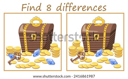 Logic puzzle game. Find 8 differences. Treasure chest with gold coins, gems and old key. Vector illustration for children's development.