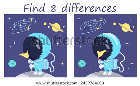 Logic puzzle game. Find 8 differences. Cute astronaut planting a flag on the Moon. Vector illustration for children's development.