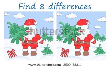 Logic puzzle game. Find 8 differences. Cute Santa Claus in snowy landscape holding fir tree in one hand. Christmas vector illustration for children's development.