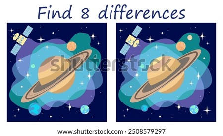 Logic puzzle game. Find 8 differences. Saturn with its moons, stars, planets and spacecraft. Space vector illustration for children's development.