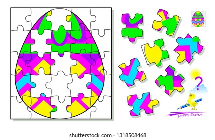 Logic puzzle game. Find and draw missing pieces that corresponds to Easter egg. Printable page for brainteaser book. Developing spatial thinking. Vector  cartoon image.