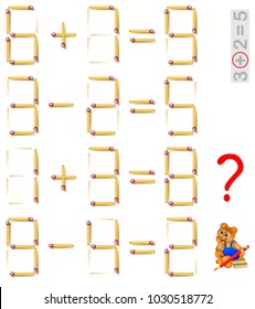Logic puzzle game. Find the only task where is possible to add one matchstick and make the equation correct. Vector image.