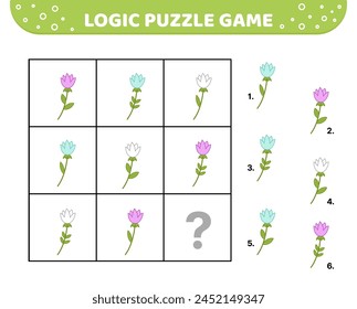 Logic puzzle game. Floral game. Blue, white and purple flowers. For kids. Cartoon, vector, eps 10