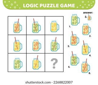 Juego de rompecabezas lógico. Cóctel de cítricos fresco. Para los niños. Dibujo, plano, vector, eps 10