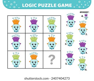 Logic puzzle game. Funny aliens. For kids. Cartoon, flat, vector, eps 10