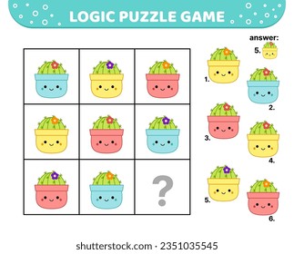 Juego de rompecabezas lógico. Cactus divertidos en la olla. Para los niños. Squishmallow. Caricatura, plana, vector, eps 10, kawaii