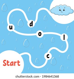 Juego de rompecabezas lógico. Nube divertida. Aprendiendo palabras para los niños. Buscar el nombre oculto. Educación desarrollando hoja de trabajo. Página de actividad para estudiar inglés. Ilustración vectorial aislada. Estilo de caricatura.