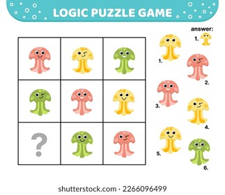 Logic puzzle game. Funny jellyfish. For kids. Cartoon, flat, vector, eps 10
