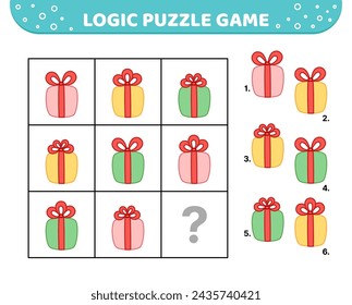 Logic puzzle game. Gift box. For kids. Cartoon, vector, eps 10