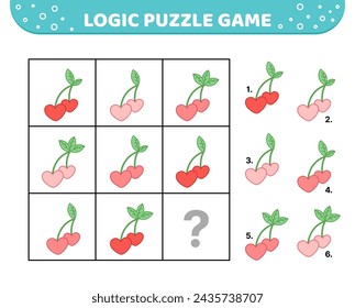 Logik-Puzzle-Spiel. Herz Kirschen. Für Kinder. Cartoon, Vektor, eps 10