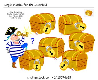 Logic puzzle game. Help the pirate find a treasure chest that he can open with his key. Printable page for brainteaser book. Developing spatial thinking. Vector cartoon image.