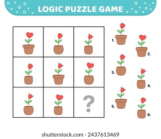 Logic puzzle game. Home flower in pot. For kids. Cartoon, vector, eps 10