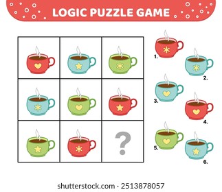 Logic puzzle game. Hot cup of tea or coffee. For kids. Cartoon, vector, eps 10