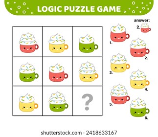 Logic puzzle game with hot drink. Squishmallow. For kids. Cartoon, kawaii, vector eps 10