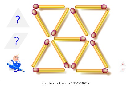 Logic puzzle game. How many triangles and rhombuses can you find in matchstick pattern? Count the quantity. Printable page for brain teaser book. Development spatial thinking skills. Vector image.