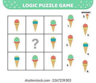 Logic puzzle game. Ice cream scoop in waffle cone. For kids. Cartoon, flat, vector, eps 10