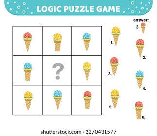 Logic puzzle game. Ice cream in waffle cone, wafer cup. For kids. Cartoon, flat, vector, eps 10