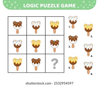 Logic puzzle game. Ice cream. For kids. Cartoon, vector, eps 10