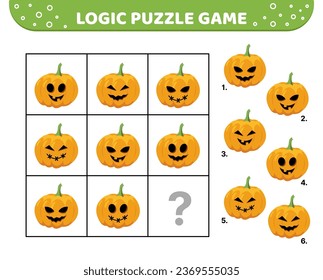 Logic puzzle game. Jack o lantern pumpkin. For kids. Cartoon, flat, vector, eps 10