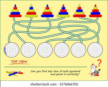 Logic puzzle game for kids. Can you find top view of each pyramid and paint it correctly? Development children drawing skills. Printable educational worksheet for coloring book. Back to school.