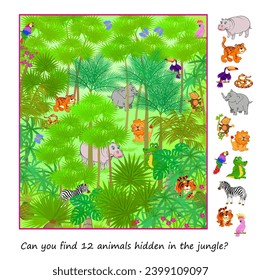 Logic Puzzle Spiel für Kinder. Kannst du zwölf Tiere im Dschungel verstecken? Zeichnung des tropischen Sommerwaldes. Bildungsseite. Spielen Sie online. IQ-Test. Aufgabe für Aufmerksamkeit. Vektorgrafik