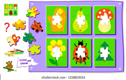Logic puzzle game for kids coloring book. Need to find the place for all details and paint the pictures. Worksheet for school textbook. Development of children spatial thinking skills. Back to school.