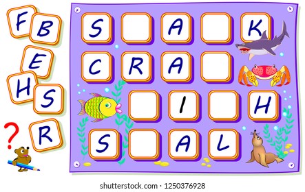 Logic puzzle game for kids with exercises to study English words. Find missing letters and draw them in empty squares. Developing writing and reading skills. Back to school. Vector cartoon image.