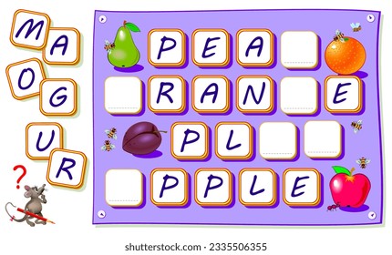 Logic puzzle game for kids with exercises to study English words. Find missing letters and draw them in empty squares. Developing writing and reading skills. Back to school. Vector cartoon image.