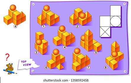 Logic puzzle game for kids. Find which construction of geometric figures corresponds to the top view on drawing. Printable page for brainteaser book. Development of children spatial thinking skills. 