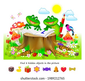 Logic puzzle game for kids. Find 8 hidden objects in the picture. Educational page for children. Developing counting skills. Play online. IQ test. Task for attentiveness. Cartoon vector illustration.