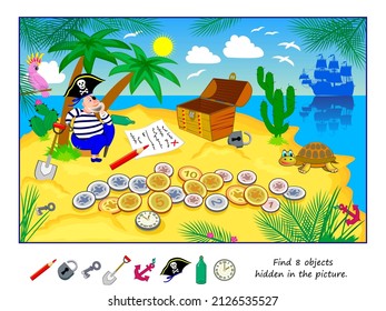 Logic puzzle game for kids. Find 8 objects hidden in the picture. Educational page for children. Developing counting skills. Play online. IQ test. Task for attentiveness. Cartoon vector illustration.