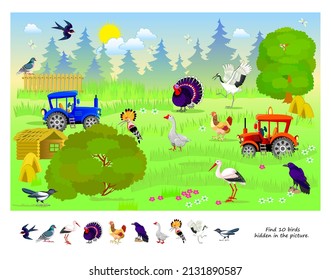 Logic puzzle game for kids. Find 10 birds hidden in the picture. Educational page for children. Developing counting skills. Play online. IQ test. Task for attentiveness. Cartoon vector illustration.