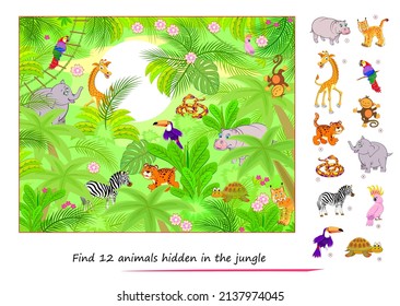 Logic puzzle game for kids. Find 12 animals hidden in the jungle. Educational page for children. Play online. IQ test. Task for attentiveness. Developing counting skills. Cartoon vector illustration.